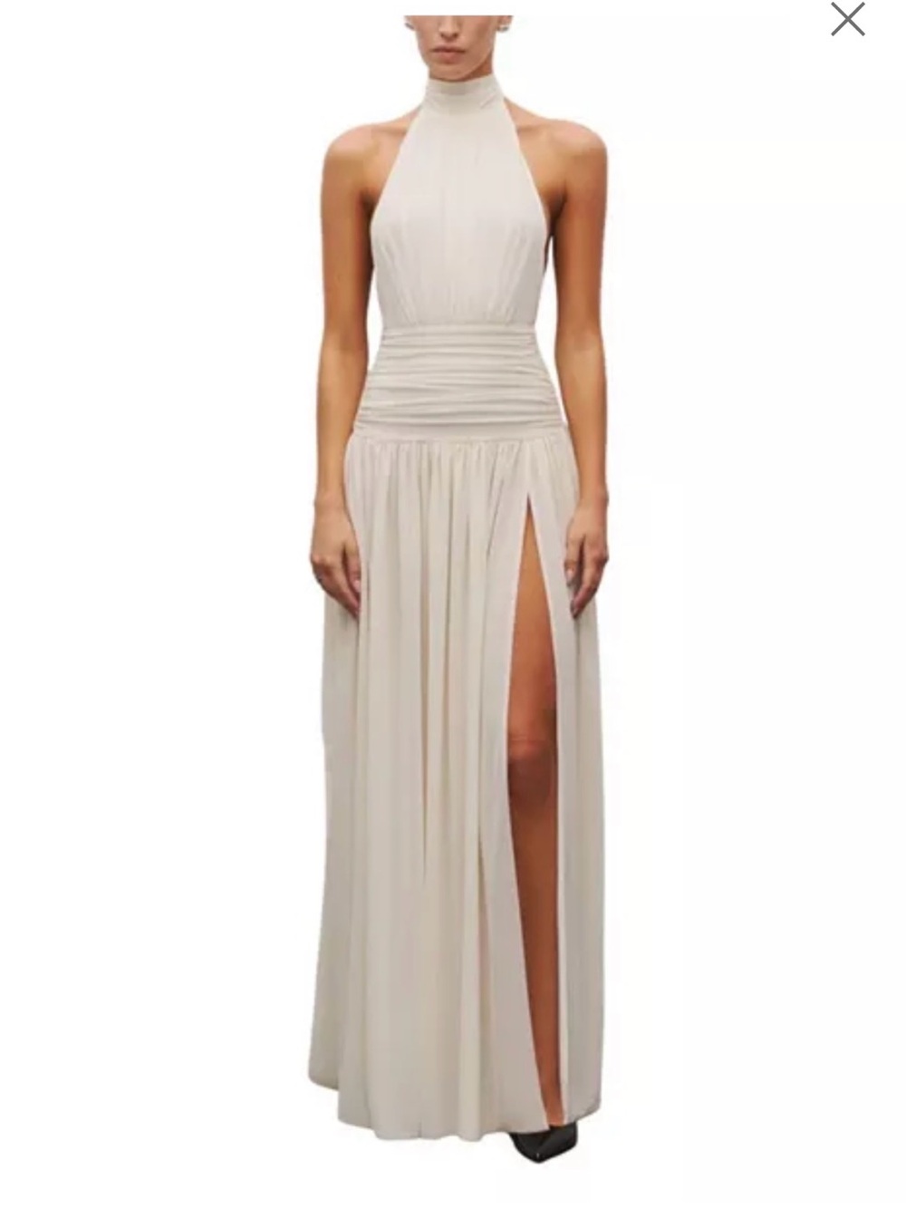 High Halter Cream Maxi Dress with Ruched Waist and Side Slit